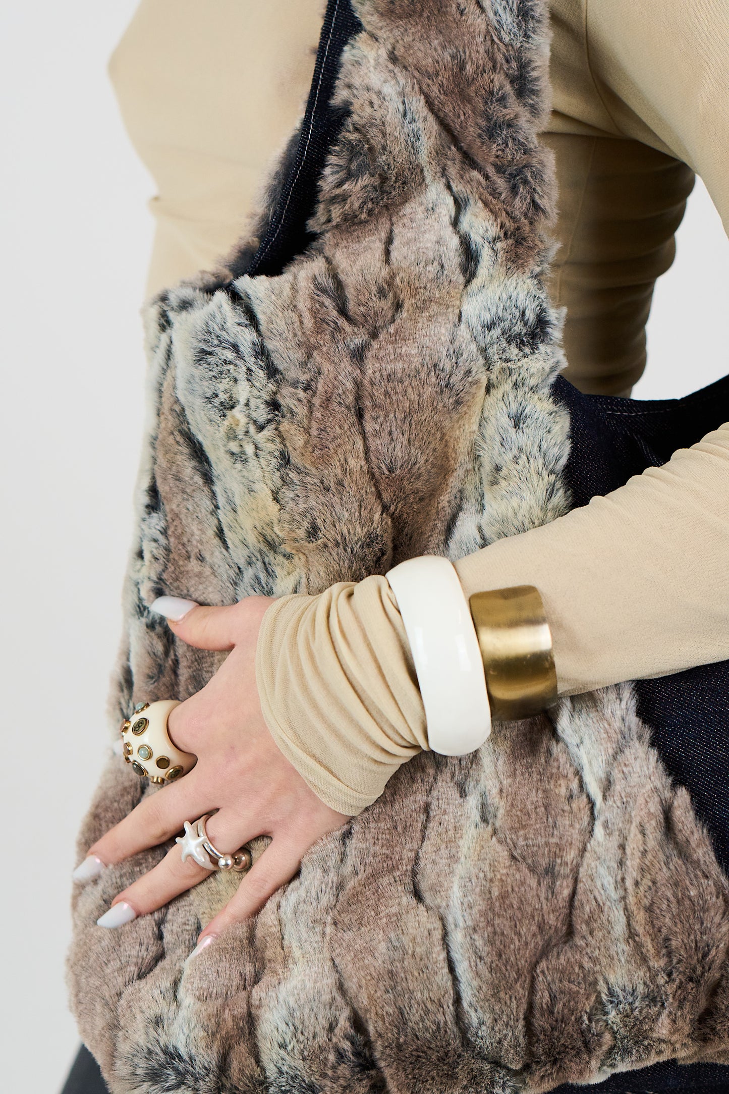 FAUX FUR AND DARK DENIM MAXI DUMPLING BAG