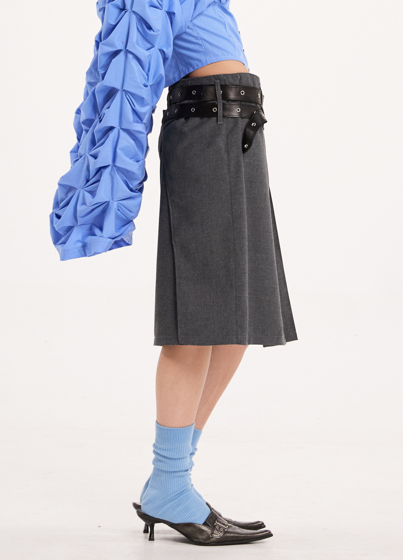 BELTS AND LAYERS PENCIL SKIRT IN STONE GRAY