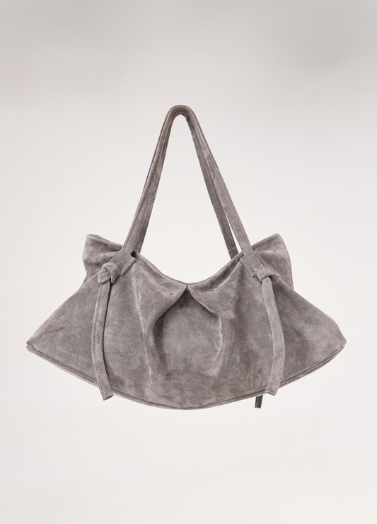 SUEDE DUMPLING BAG IN STONE GRAY