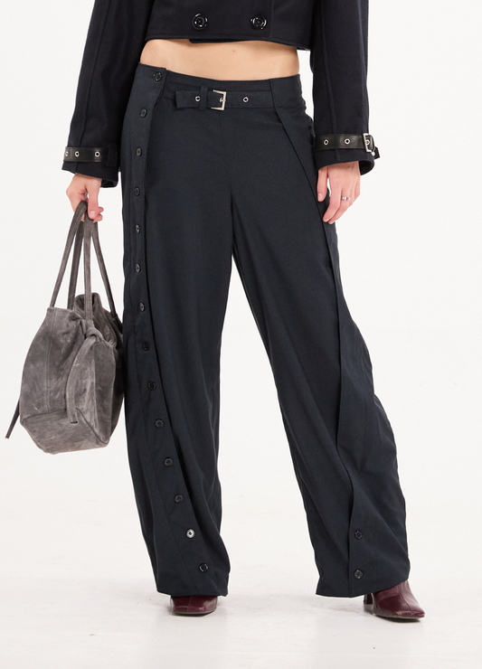 BUTTONED PINSTRIPE BALLOON PANTS IN DEEP BLUE